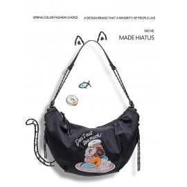 Women's Half Moon Don't Eat Too Much Donuts Embroidered Nylon Shoulder Bag
