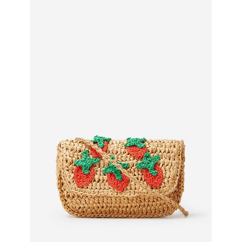 Women's Cute Handmade Braided Strawberry Embroidered Raffia Straw Beach Vacation Shoulder Bag