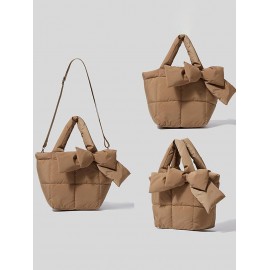 Women's Retro Winter Solid Color Puffer Quilted Bowknot Design Shoulder Bag