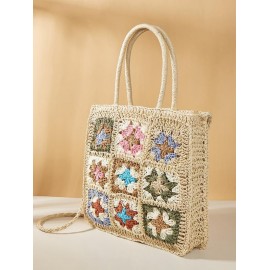 Granny Floral Crochet Raffia Crossbody Bag