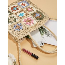 Granny Floral Crochet Raffia Crossbody Bag