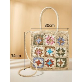 Granny Floral Crochet Raffia Crossbody Bag