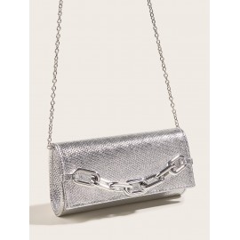 Women's Metal Chain Decor Metallic Evening Party Clutch Bag