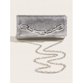 Women's Metal Chain Decor Metallic Evening Party Clutch Bag