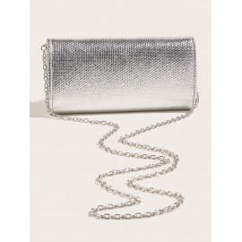 Women's Metal Chain Decor Metallic Evening Party Clutch Bag