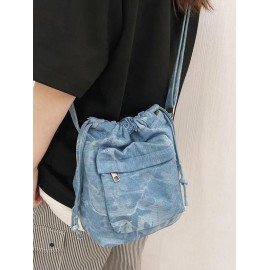 Women's Fashion Daily Zippered Pocket Mobile Phone Drawstring Crossbody Denim Bucket Bag