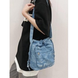 Women's Fashion Daily Zippered Pocket Mobile Phone Drawstring Crossbody Denim Bucket Bag