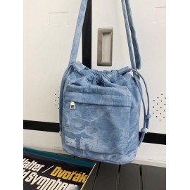 Women's Fashion Daily Zippered Pocket Mobile Phone Drawstring Crossbody Denim Bucket Bag