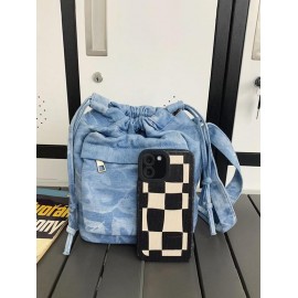 Women's Fashion Daily Zippered Pocket Mobile Phone Drawstring Crossbody Denim Bucket Bag