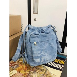Women's Fashion Daily Zippered Pocket Mobile Phone Drawstring Crossbody Denim Bucket Bag