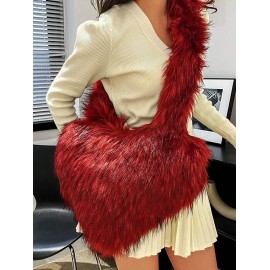 Women's Y2K Style Heart Shape Fluffy Faux Fur High Capacity Oversized Crossbody Bag