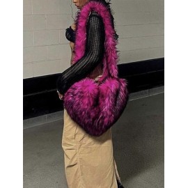 Women's Y2K Statement Oversized Heart Shaped Faux Fur Fluffy Crossbody Shoulder Bag