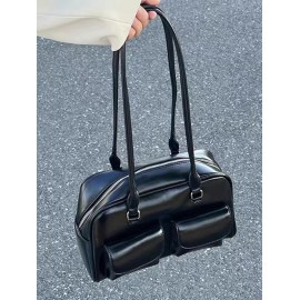 Women's Retro Style Daily Office Solid Color Multi-pocket Bowling Underarm Shoulder Bag
