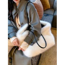 Women's Daily Solid Color Winter Fluffy Fuzzy Furry Faux Fur Large Capacity Shoulder Tote Bag