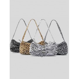 Women's Winter Fuzzy Faux Fur Animal Printed Drawstring Design Tote Bag