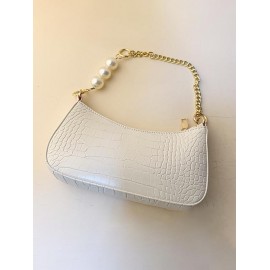 Embossed Faux Pearl Chain Embellished Shoulder Bag