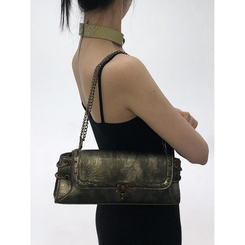 Women's Retro O Ring Decorated Chain Flap Rectangle Shoulder Bag
