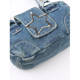 Women's Retro Metal Star Decorated Dual Handle Denim Shoulder Bag