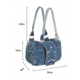 Women's Retro Metal Star Decorated Dual Handle Denim Shoulder Bag