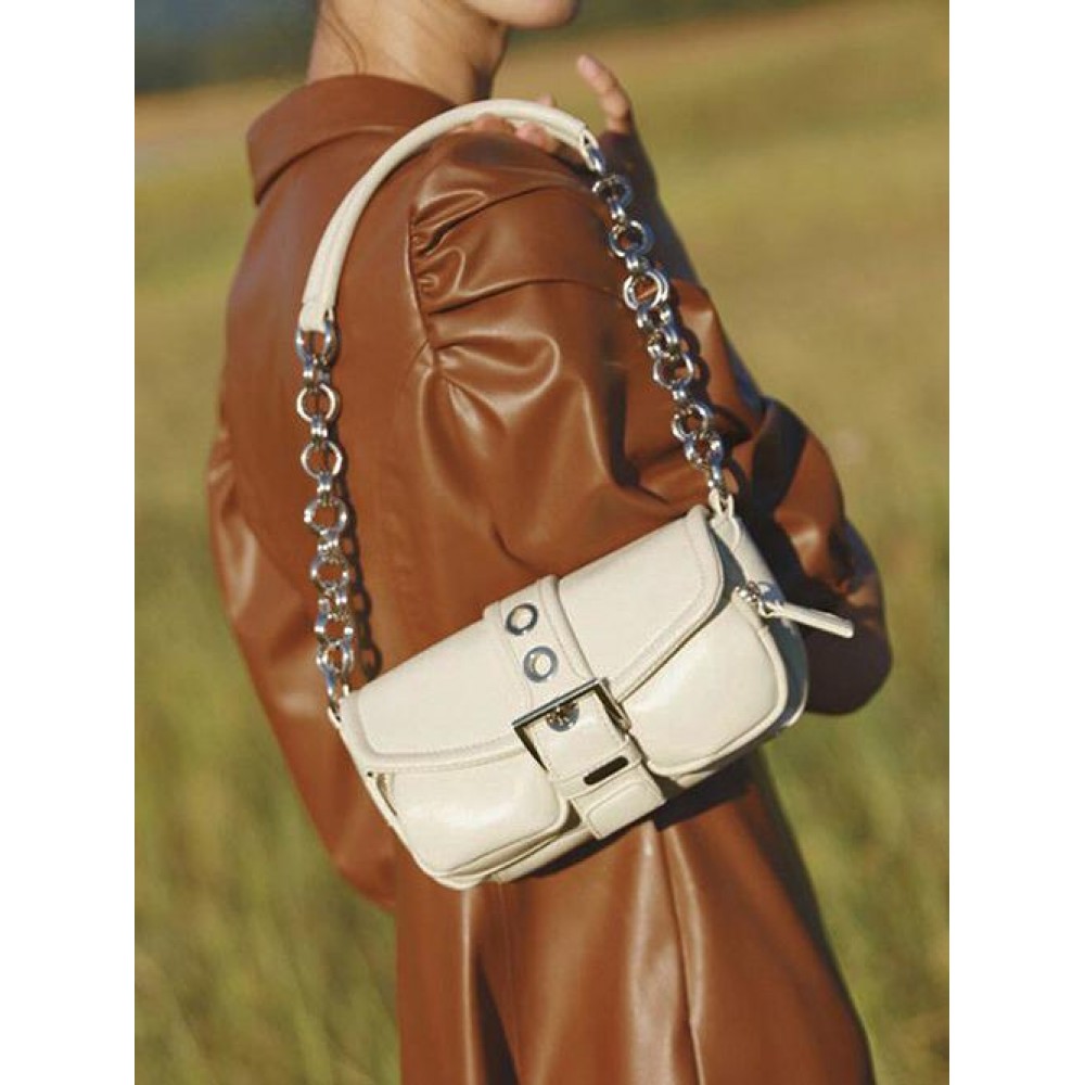 Retro Solid Color Circular Ring Design Chain Shoulder Bag