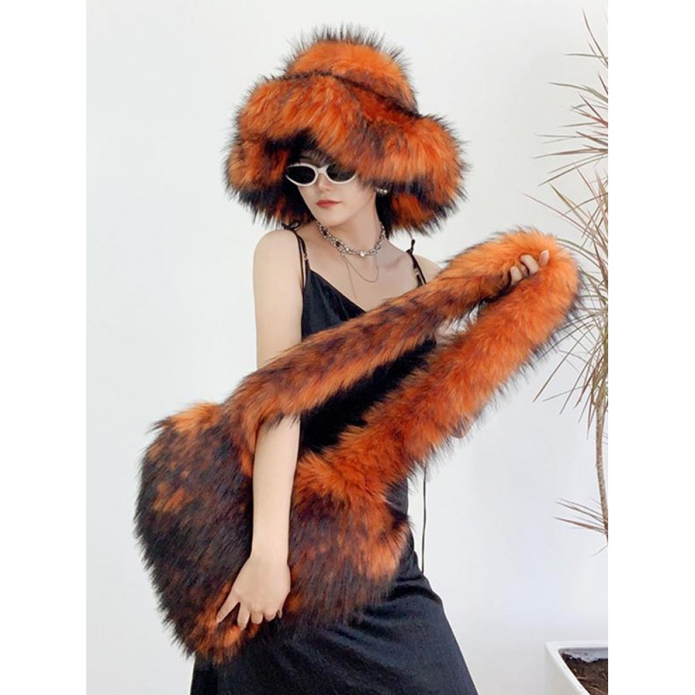 Women's Daily Streetwear Fluffy Fuzzy Furry Faux Fur Matching Bucket Hat Heart Shaped Shoulder Bag Set