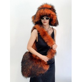 Women's Daily Streetwear Fluffy Fuzzy Furry Faux Fur Matching Bucket Hat Heart Shaped Shoulder Bag Set