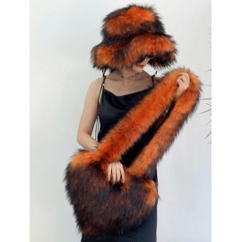Women's Daily Streetwear Fluffy Fuzzy Furry Faux Fur Matching Bucket Hat Heart Shaped Shoulder Bag Set
