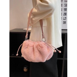 Women's Plush Faux Fur Drawstring Solid Color Fashion Shoulder Bag