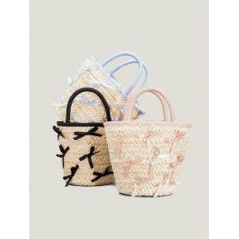 Women's Daily Beach Vacation Bow Decor Woven Straw Design Bucket Basket Tote Bag
