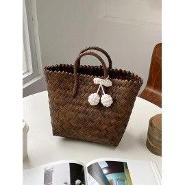Women's Beach Vacation Outdoor Picnics Pendant Decor Woven Design Basket Tote Bag