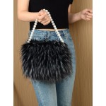 Women's Fashion Faux Pearl Handle Fluffy Faux Fur Evening Party Tote Bag