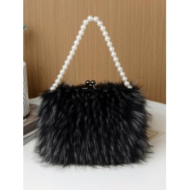 Women's Fashion Faux Pearl Handle Fluffy Faux Fur Evening Party Tote Bag