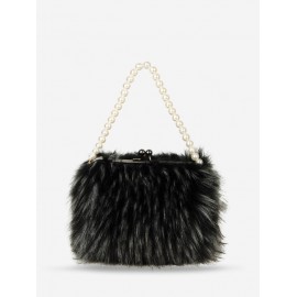Women's Fashion Faux Pearl Handle Fluffy Faux Fur Evening Party Tote Bag