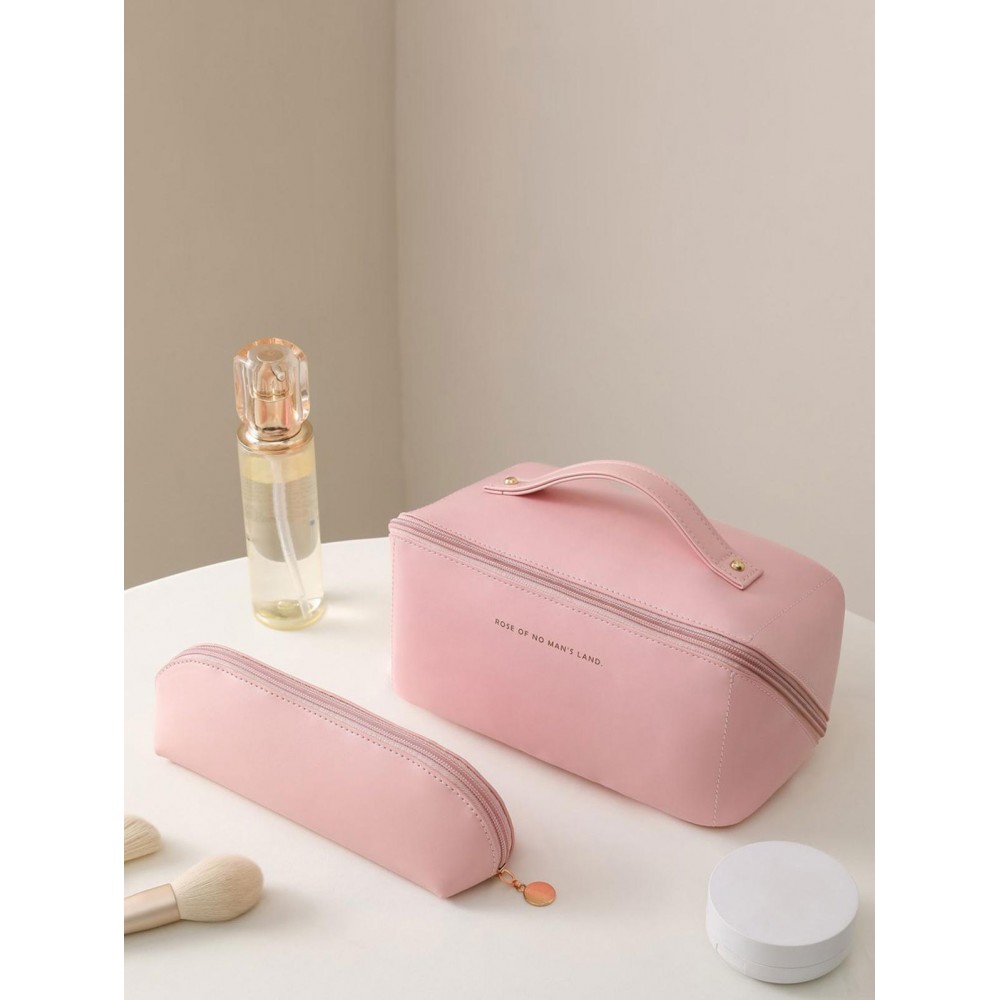 2Pcs Solid Color PU Leather Portable Travel Multilayer Washing Storage Cosmetic Bag with Make Up Brush Bag