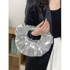 Women's Fashion Streetwear Party Metallic Shimmery Shine Color Sequined Ruched Design Tote Clutches Bag
