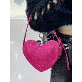 Women's Sweet Valentine's Day Shine Sparkly Rhinestones Decor Knot Design Heart Shape Mini Party Prom Evening Shoulder Bag
