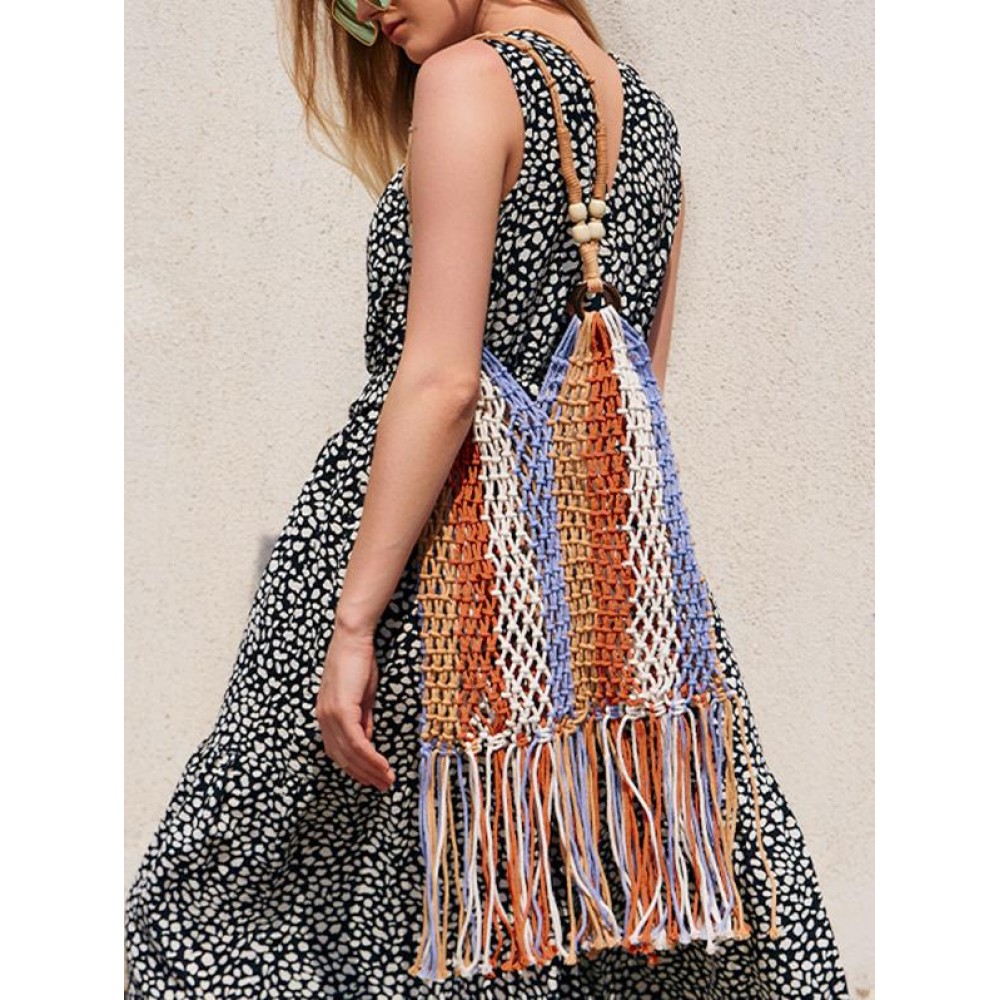 Ethnic Style Hollow Out Braided Tassel Design Beach Tote Bag