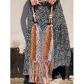 Ethnic Style Hollow Out Braided Tassel Design Beach Tote Bag