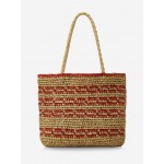Women's Retro Striped Handmade Woven Color Blocking Beach Vacation Drawstring Shoulder Bag