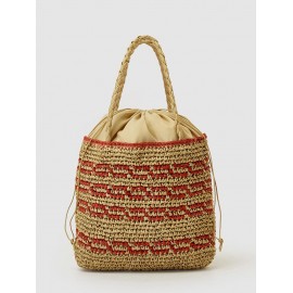 Women's Retro Striped Handmade Woven Color Blocking Beach Vacation Drawstring Shoulder Bag