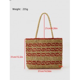 Women's Retro Striped Handmade Woven Color Blocking Beach Vacation Drawstring Shoulder Bag
