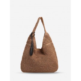 Women's Simple Style Raffia Straw Handmade Weave High Capacity Casual Beach Shoulder Bag with PU Tassel Pendant