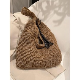 Women's Simple Style Raffia Straw Handmade Weave High Capacity Casual Beach Shoulder Bag with PU Tassel Pendant