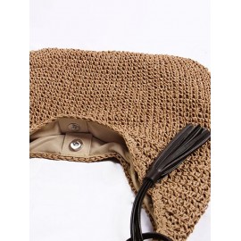 Women's Simple Style Raffia Straw Handmade Weave High Capacity Casual Beach Shoulder Bag with PU Tassel Pendant