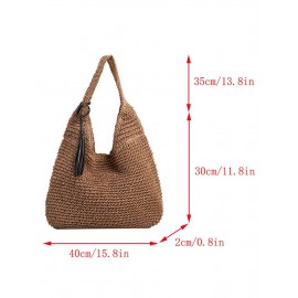 Women's Simple Style Raffia Straw Handmade Weave High Capacity Casual Beach Shoulder Bag with PU Tassel Pendant
