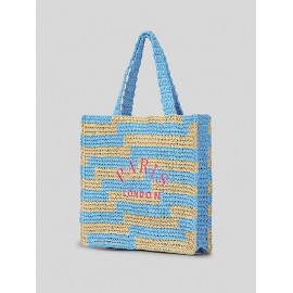 Women's Colorblock PARIS LONDON Letter Embroidered Raffia Straw Braided Beach Vacation Summer Tote Bag