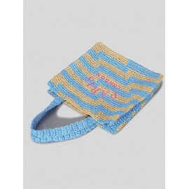 Women's Colorblock PARIS LONDON Letter Embroidered Raffia Straw Braided Beach Vacation Summer Tote Bag