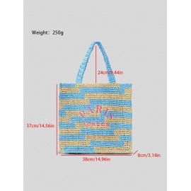 Women's Colorblock PARIS LONDON Letter Embroidered Raffia Straw Braided Beach Vacation Summer Tote Bag