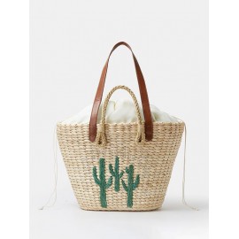 Women's Handmade Braided Cactus Embroidered Drawstring Raffia Straw Beach Shoulder Bag