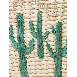 Women's Handmade Braided Cactus Embroidered Drawstring Raffia Straw Beach Shoulder Bag